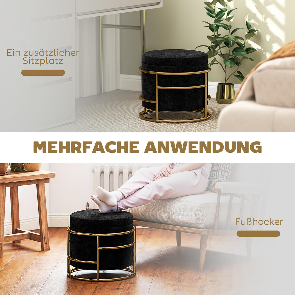 SITZHOCKER mit Stahrahmen 42 x 42 x 39 cm, Schwarz - Schwarz, Kunststoff (42/39/42cm) - HOMCOM