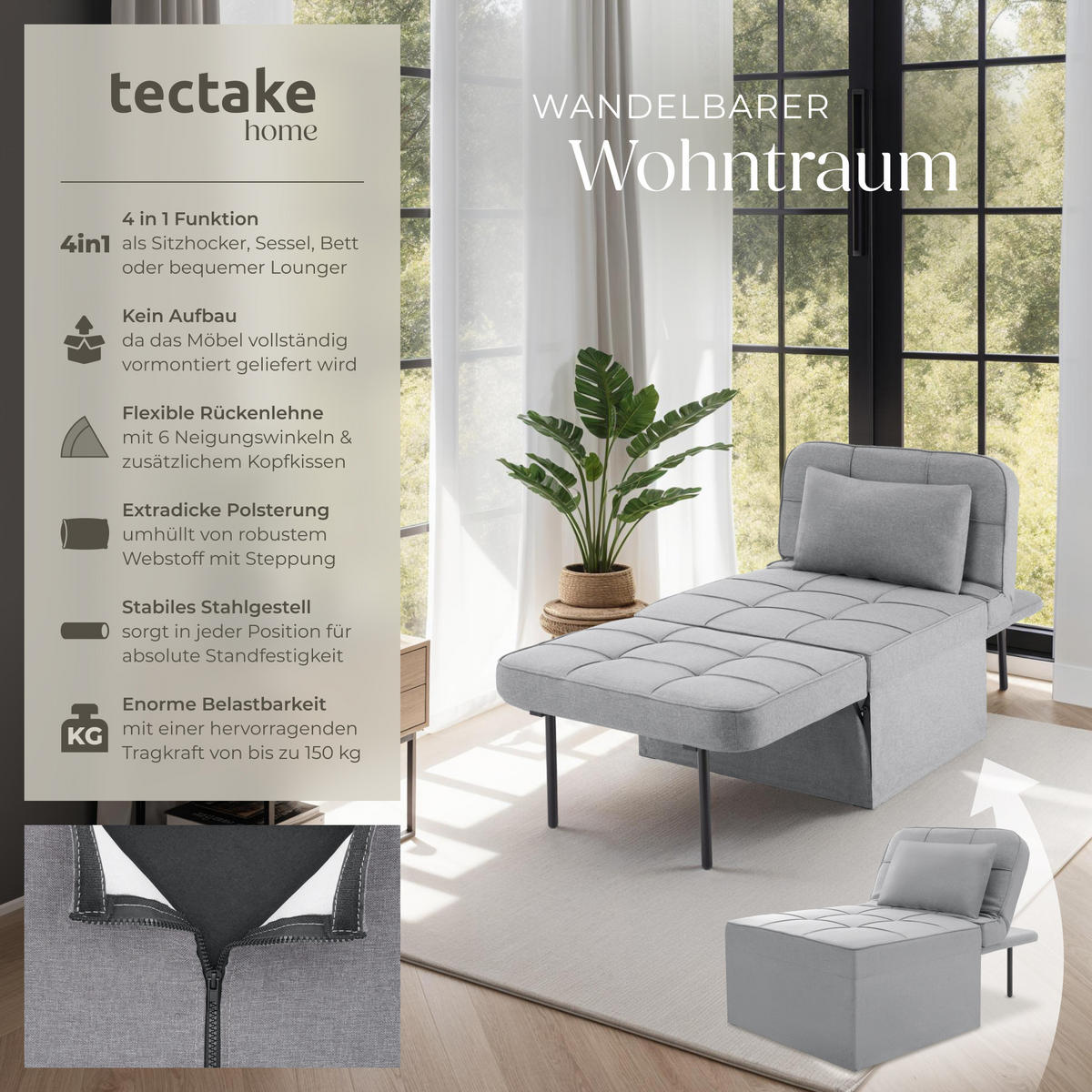 SCHLAFHOCKER Ponto,Belastbarkeit 150 kg ,hellgrau - Hellgrau, Textil (74/79/170cm) - tectake