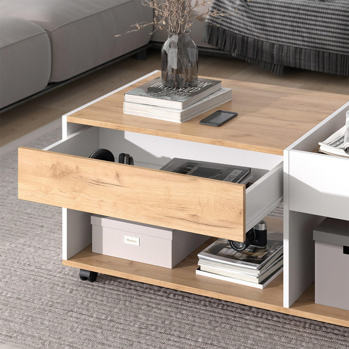 COUCHTISCH Maik Goldkraft Eiche/Weiß 110 x 60 cm mit Schublade - Eiche Wotan/Weiß, Holzwerkstoff (60/110/49.5cm) - Vicco