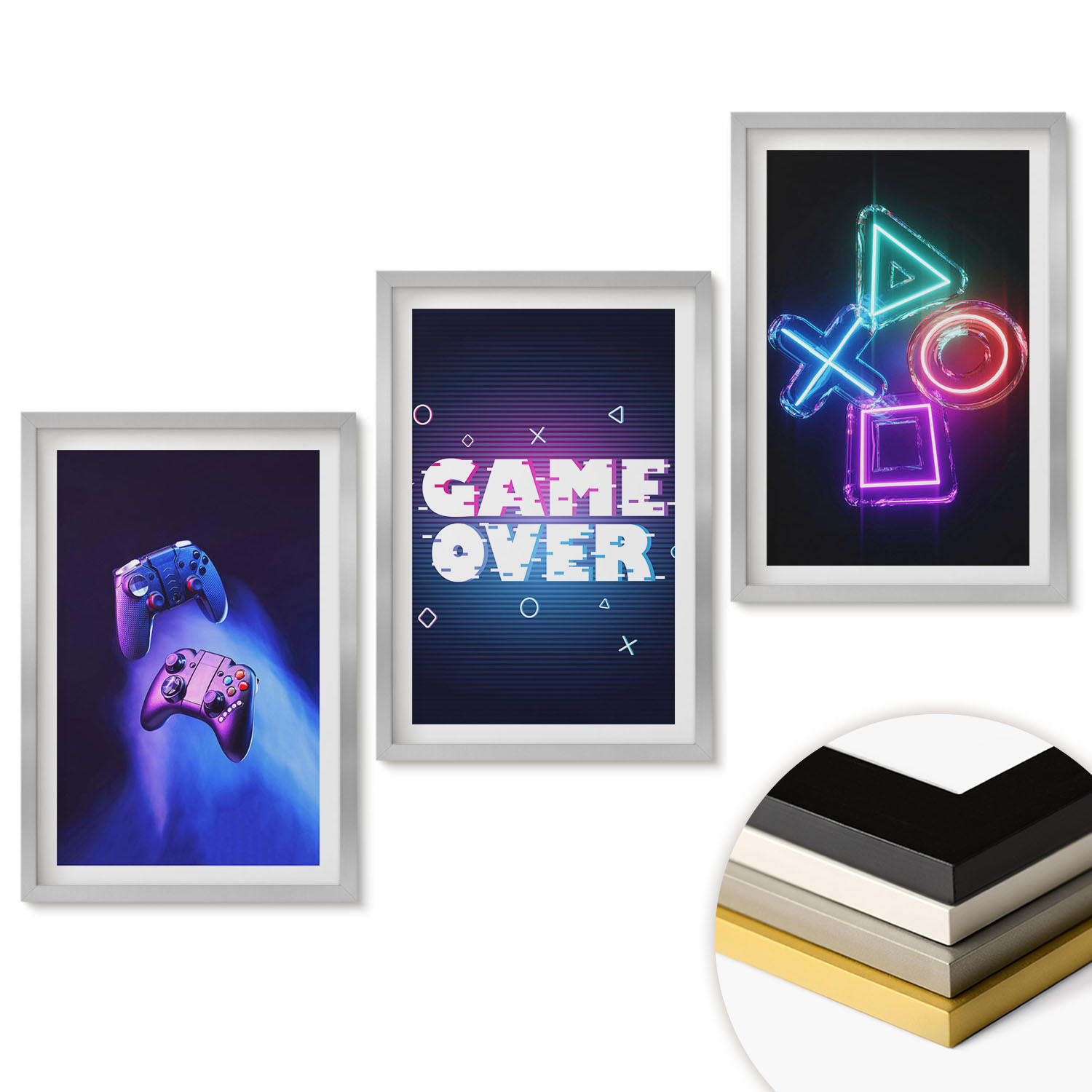 WANDBILDER 3er Set - 40x60 cm Silberner Rahmen - Game Over Gamepads - Silberfarben, Kunststoff (40/60cm) - ArtPrintCave