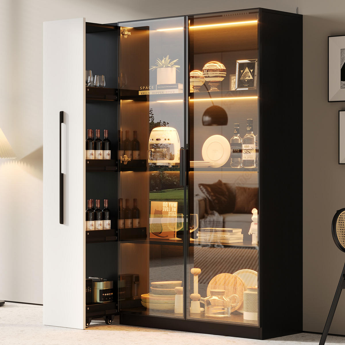 VITRINE Schwarz Weiß 110,5×35×160 cm aus MDF und Glas mit LED Vitrine und ausziehbarem Seitenregal - Weiß, Holzwerkstoff (110.5/160/35cm) - Luhomfu