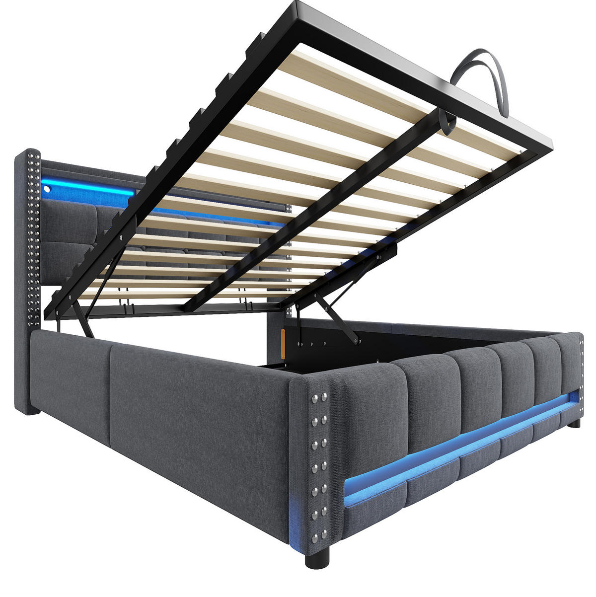 POLSTERBETT aus Leinenstoff 140x200 cm Grau mit LED-Beleuchtung, USB-Anschluss und Bettkasten - Grau, Textil (140/200cm) - IVMEU