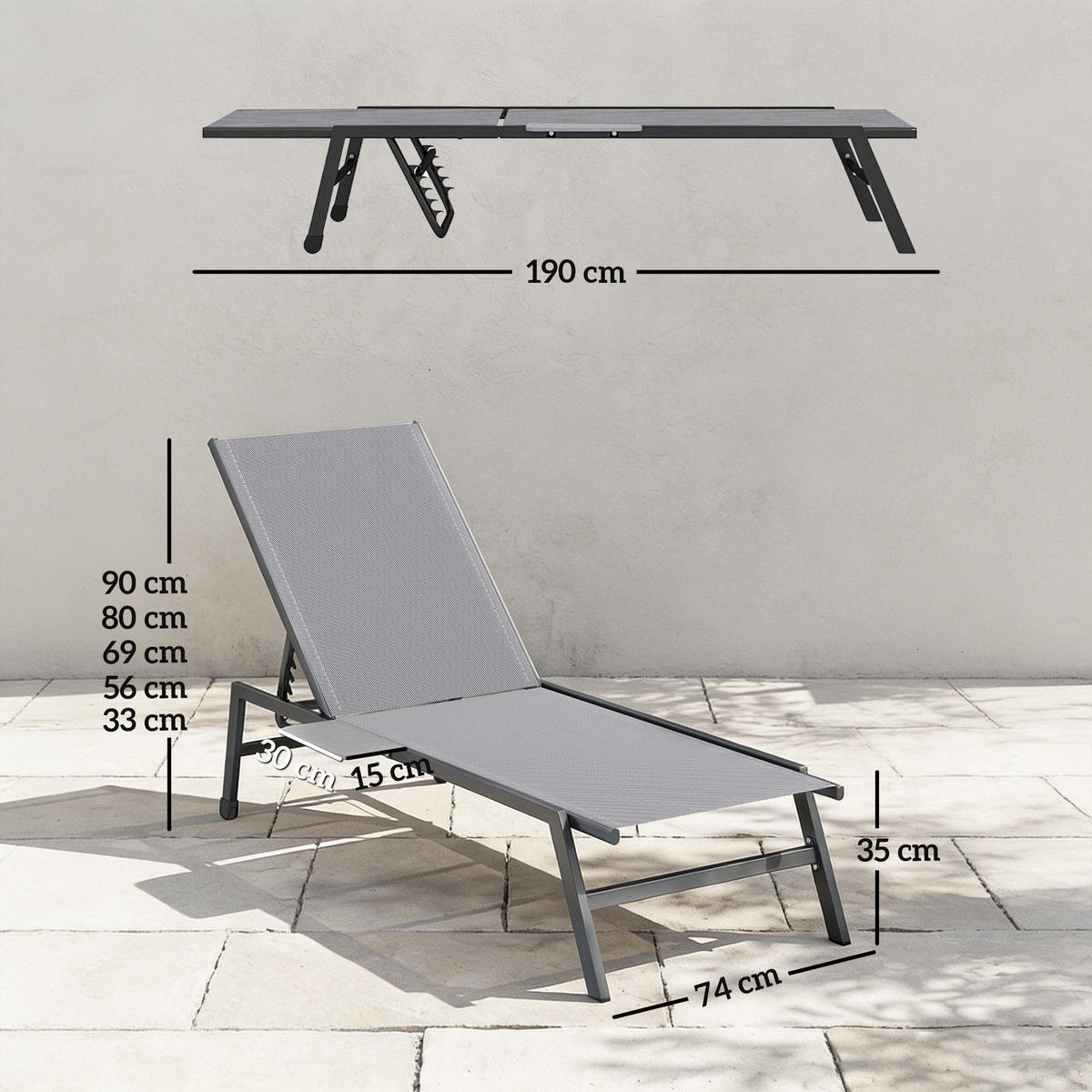 SONNENLIEGE Set aus 2 verstellbaren Sonnenliegen mit Beistelltisch und 2 Rollen, grau - Grau, Metall (74/35/190cm) - Vallsero