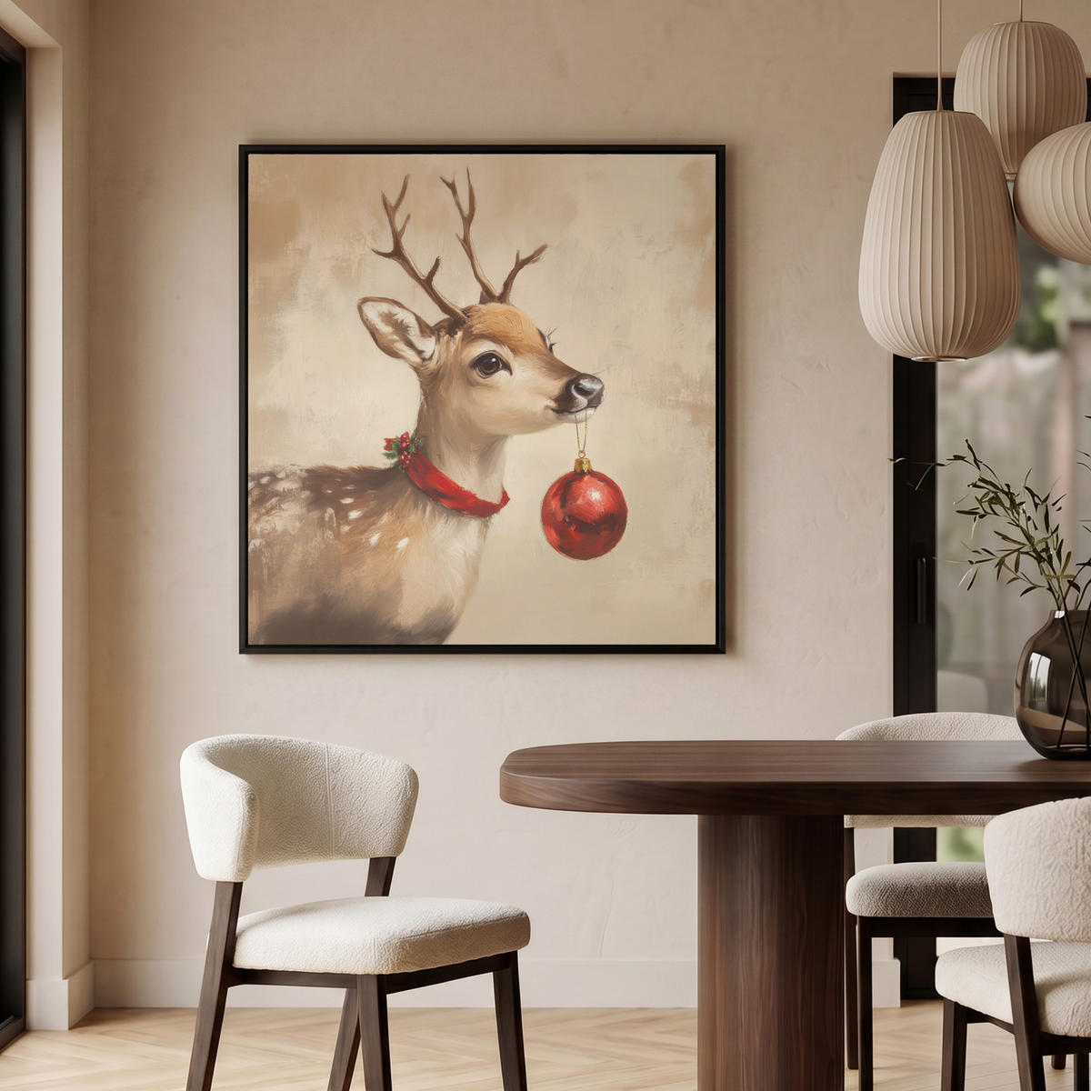 LEINWAND Bilder mit Rahmen - Weihnachten - Hirsch - Geweih - Weihnachtskugel - Rentier - 90x90 - Hellbraun, Textil (90/90cm) - MuchoWow