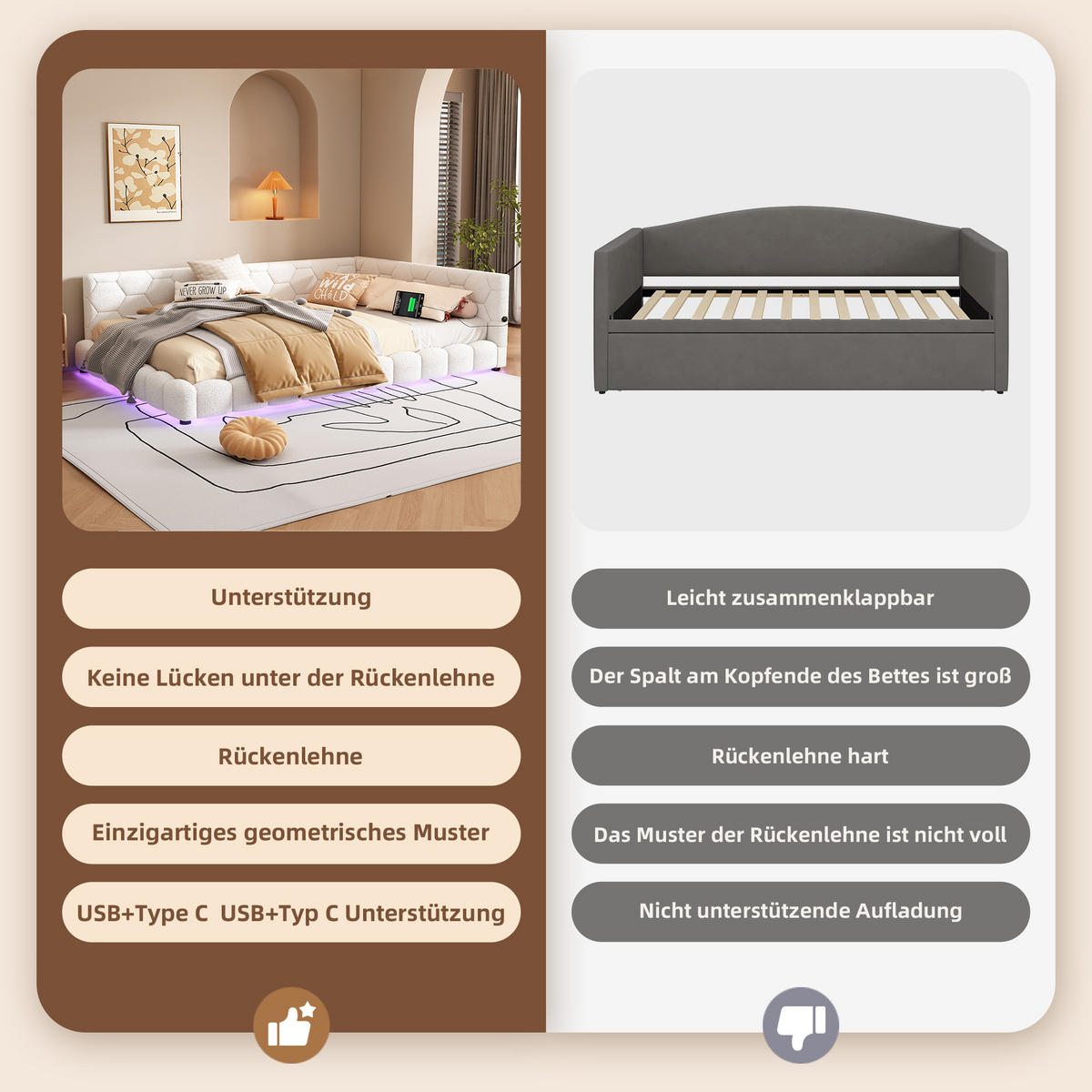 TAGEBETT 140x200cm Weiß Vliesimitat 16 Farben Umgebungslicht USB-C - Weiß, Holz (140/200cm) - FLIEKS