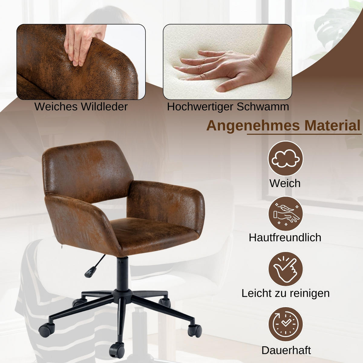 KINDERDREHSTUHL Wildlederoptik höhenverstellbar & 360° drehbar - Braun, Holzwerkstoff/Textil (55/85/56cm) - Urban Meuble