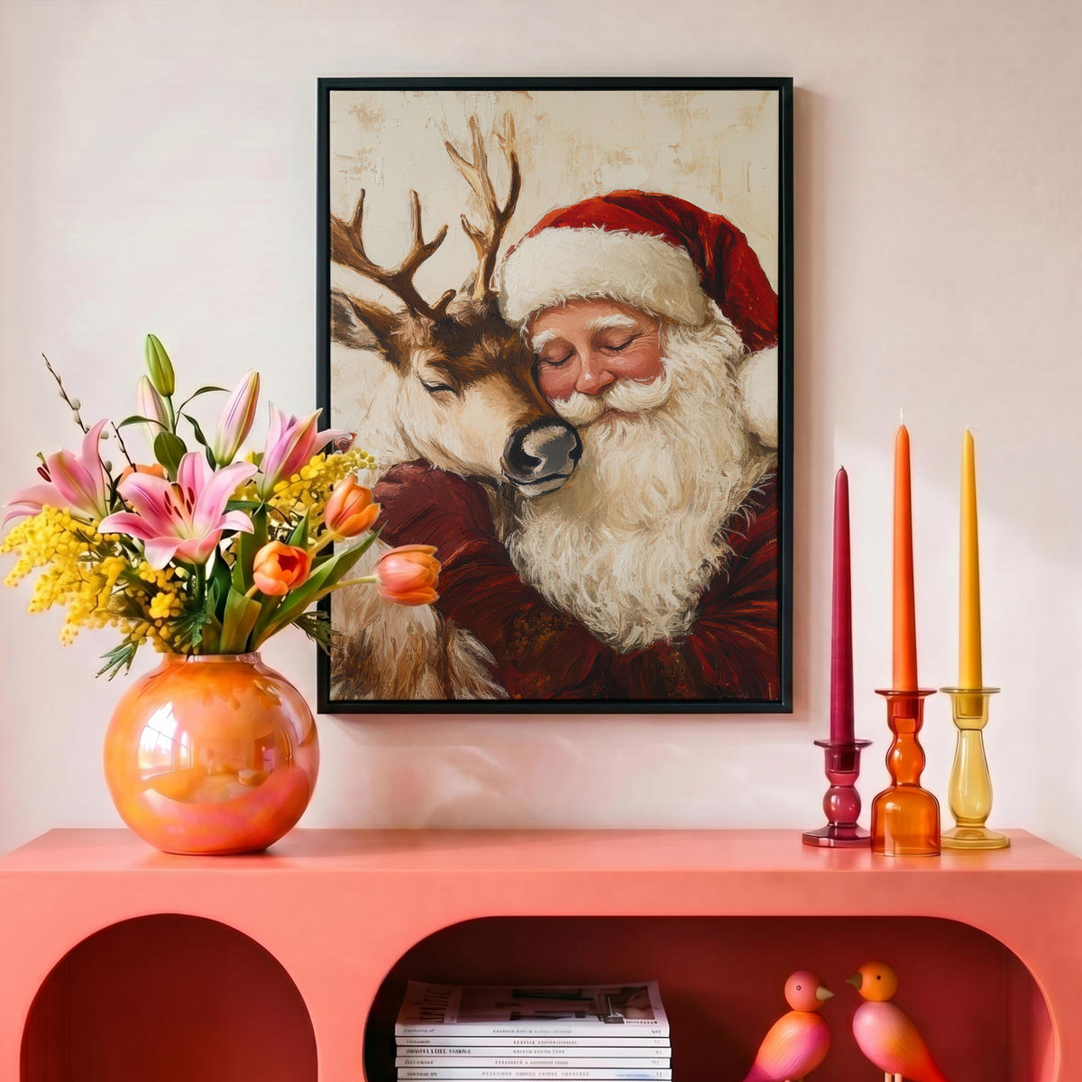 LEINWAND Bilder mit Rahmen - Weihnachtsmann - Rentier - Weihnachten - 30x40 - Rotbraun, Textil (30/40cm) - MuchoWow
