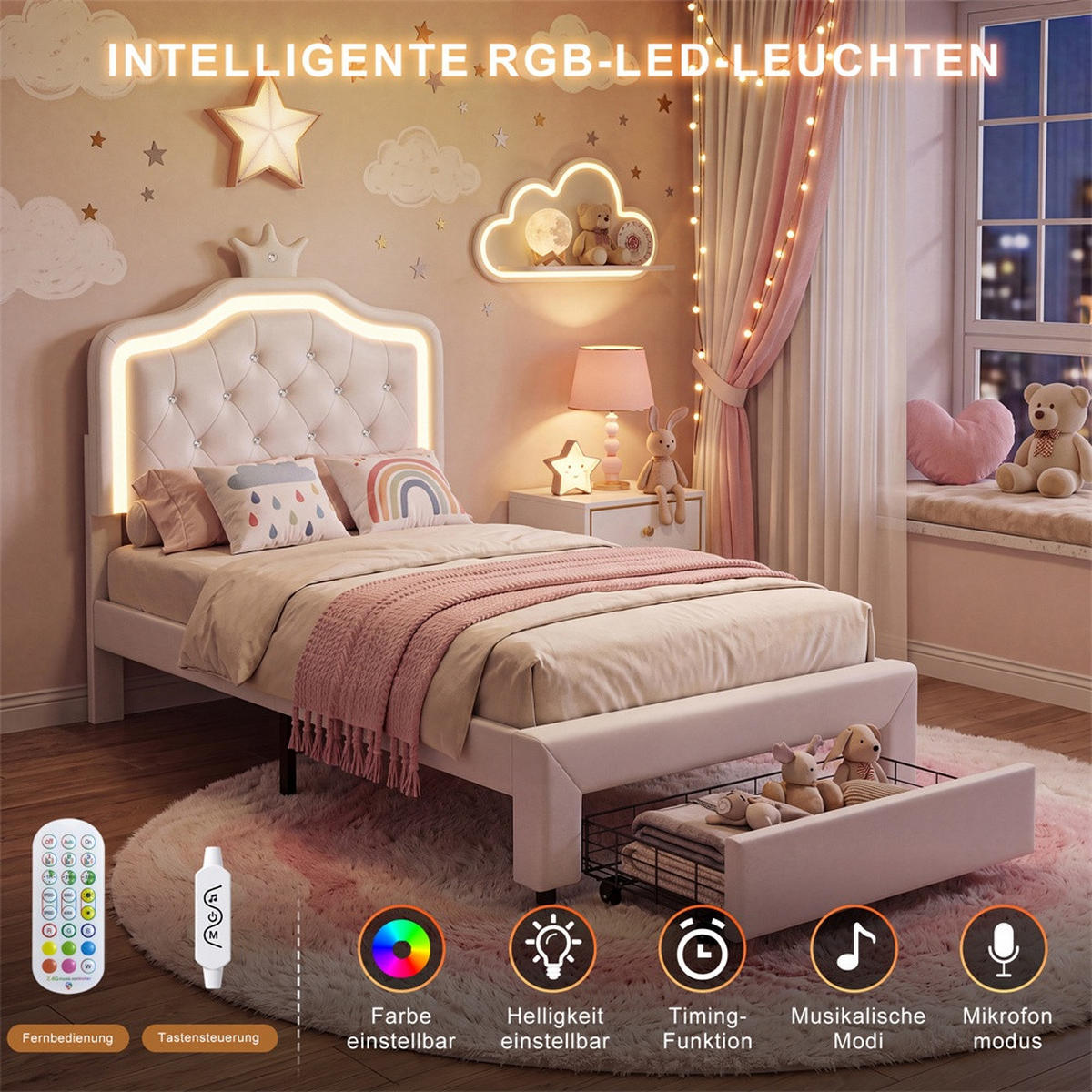 KINDERBETT 90 x 200 cm - höhenverstellbares Kopfteil mit LED-Beleuchtung und 1 Schublade - ohne Matratze - Weiß - Weiß, Textil (90/200cm) - DELFA