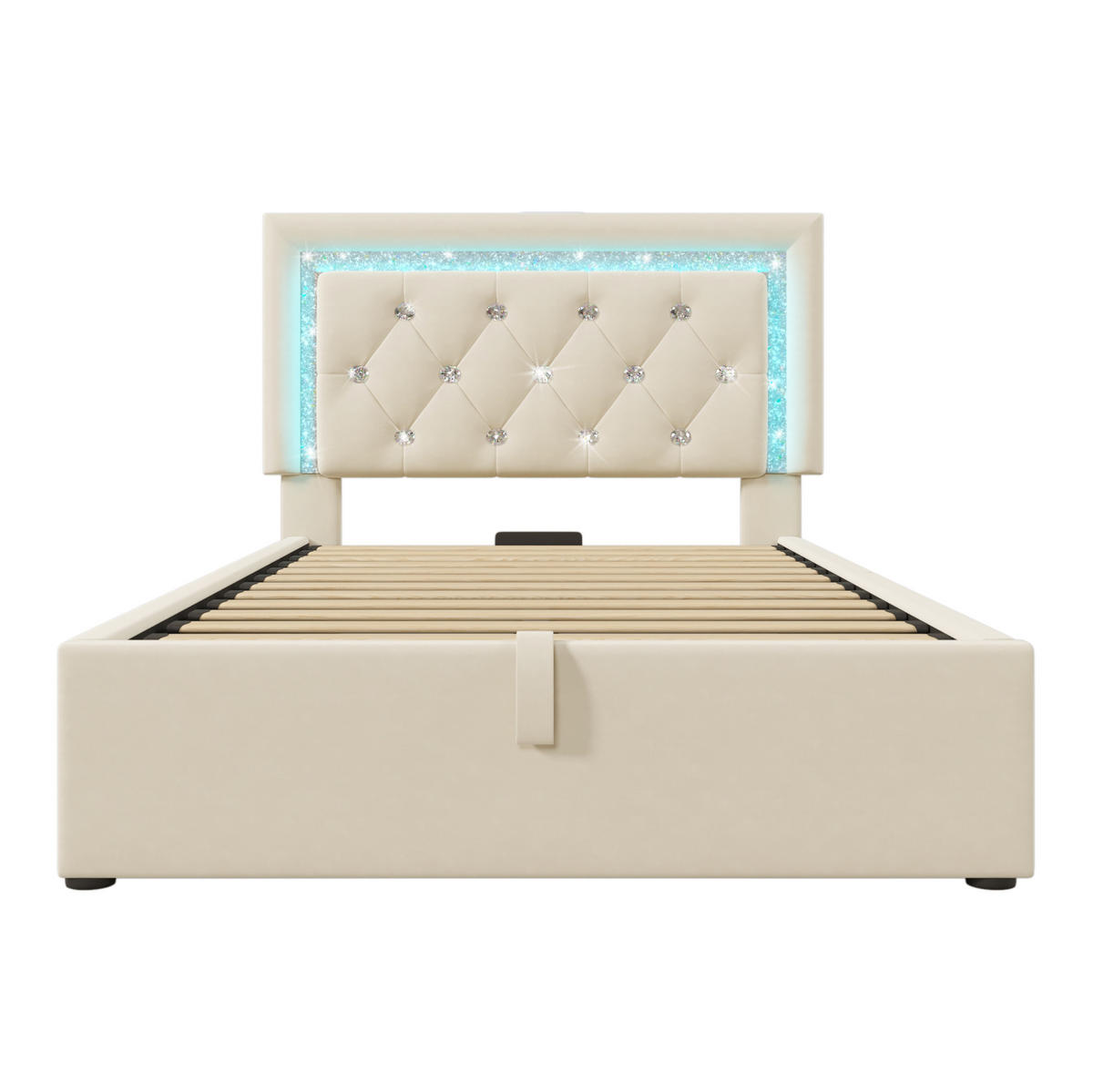 ČALÚNENÁ posteľ 90/200 cm so zamatovým poťahom, LED osvetlením, USB a Type-C, úložným priestorom, Béžová - béžová, textil (90/200cm) - Redom