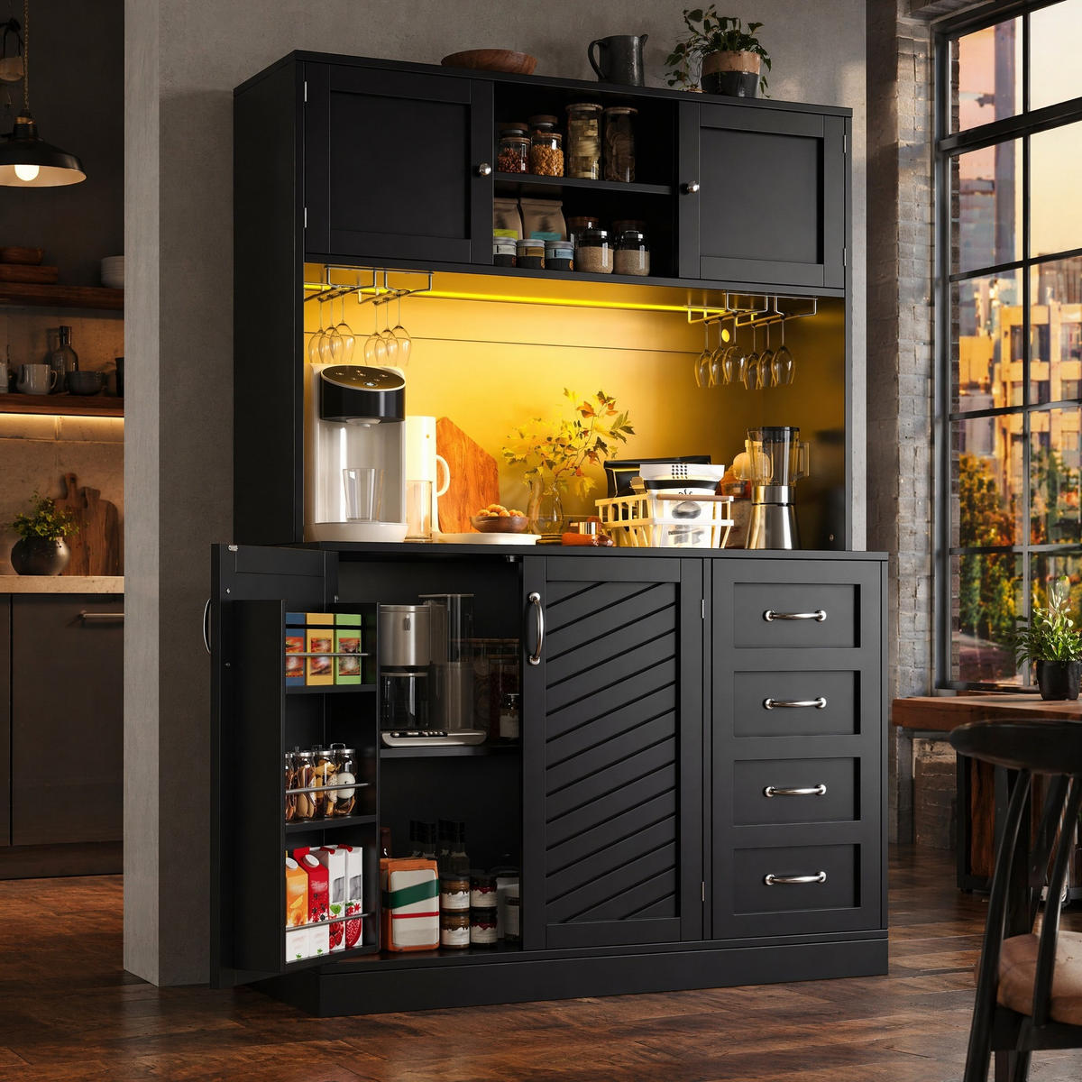 KÜCHENSCHRANK in Schwarz mit LED-Beleuchtung und Schubladen für Küche und Wohnzimmer, B120/T40/H188 cm - Schwarz, Holzwerkstoff/Metall (120/188/40cm) - STILVORA