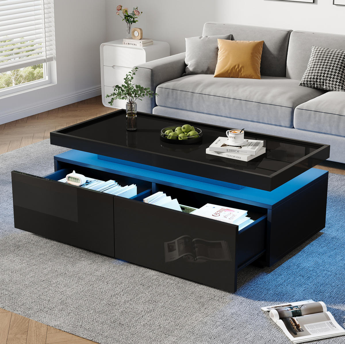 COUCHTISCH 95/45/35 cm in Schwarz Hochglanz mit LED-Beleuchtung und 2 Schubladen - Schwarz, Holzwerkstoff (95/45/35cm) - Flora Grace