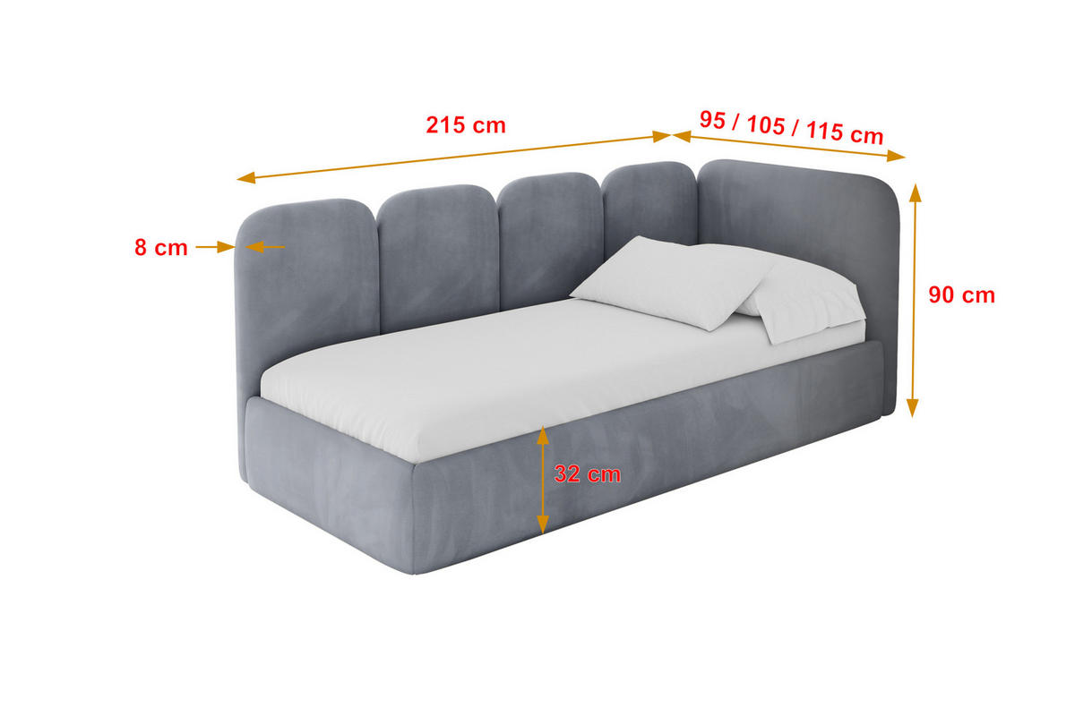 EINZELLBETT Jugendbett mit Bettkasten, Links - VELY 90x200 Grau - Grau, Holzwerkstoff/Textil (90/200cm) - ALTDECOR