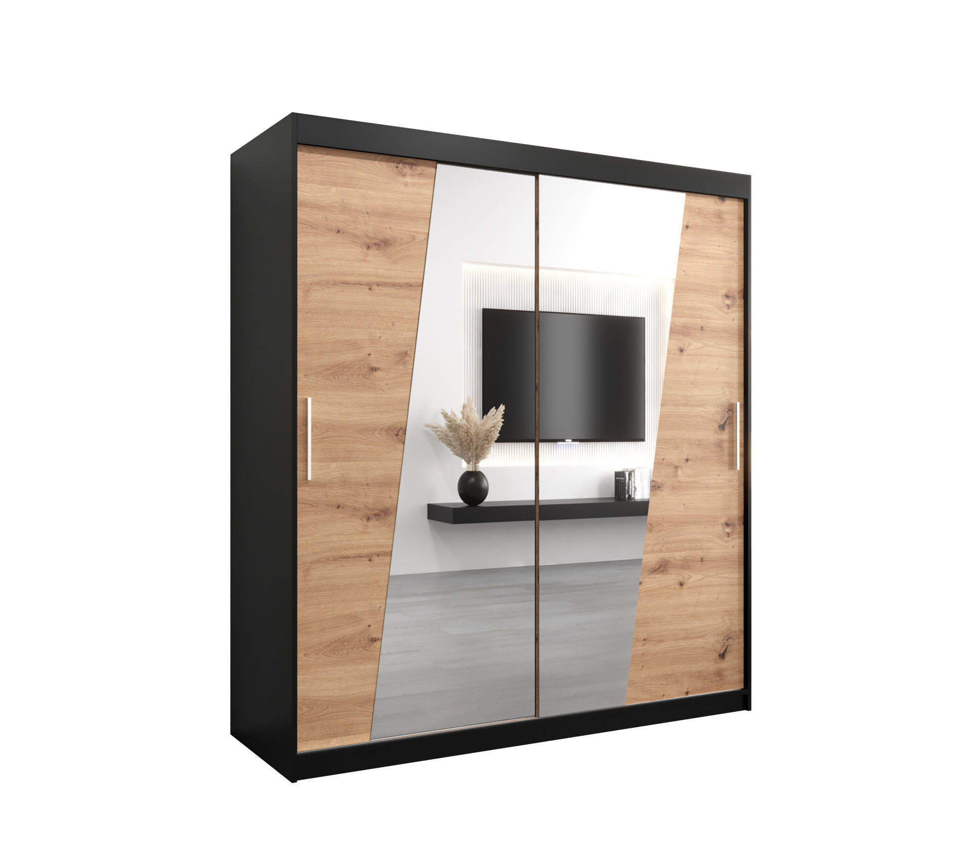 Abiks Möbel Schwebetürenschrank Schwarz, Eiche Artisan 180x200x62 cm
