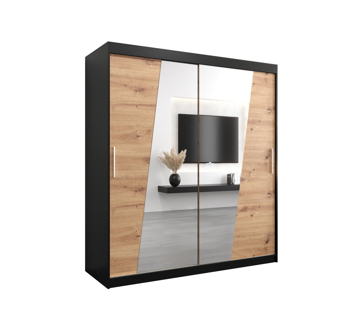 SCHWEBETÜRENSCHRANK 200/180/62 2-türig - Silberfarben/Schwarz, Holz/Kunststoff (180/200/62cm) - Abiks Möbel
