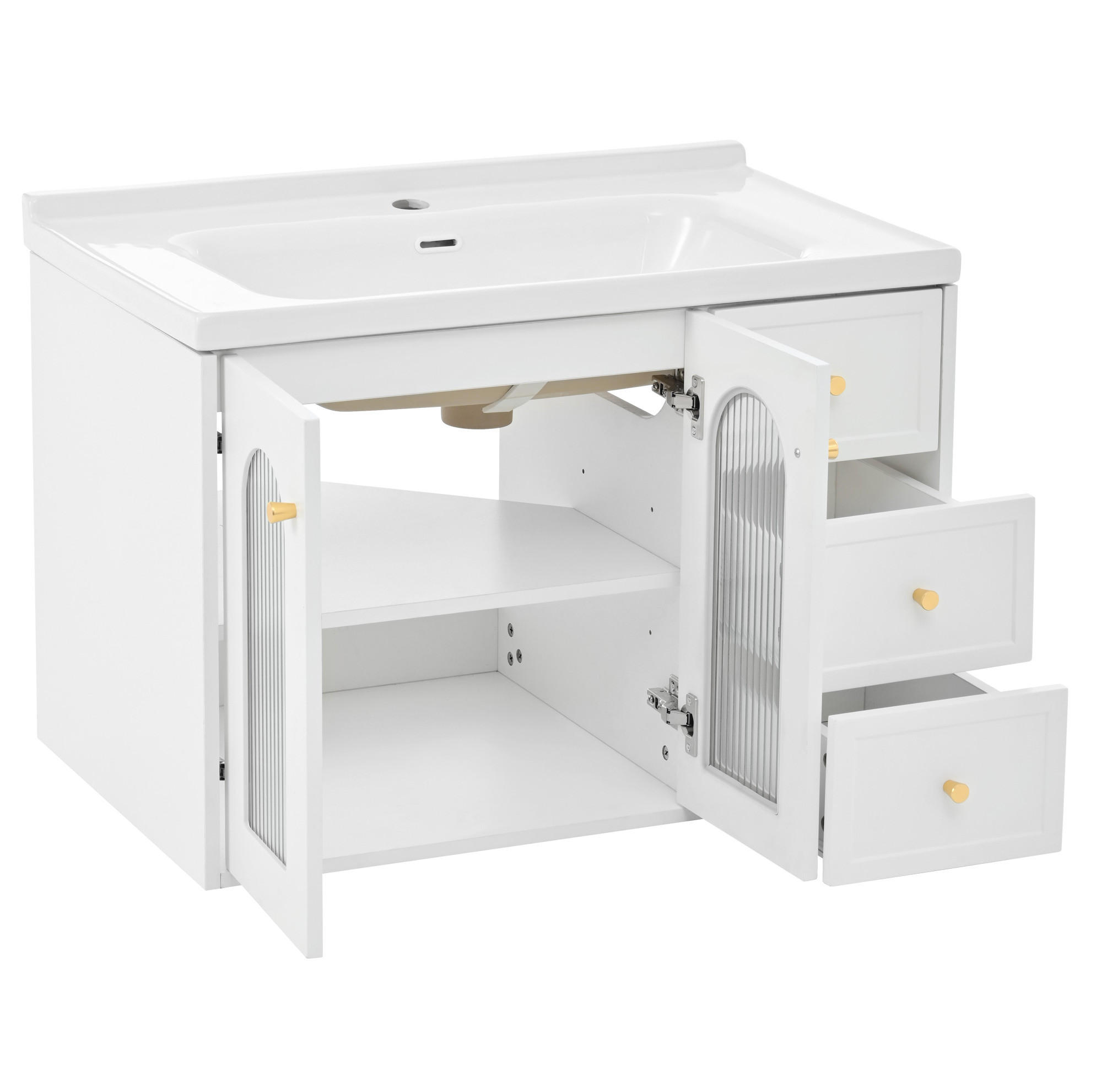 WANDMONTIERTER Badschrank mit Keramikwaschbecken 80x50x58 cm Weiß, 2 Schubladen, verstellbare Einlegeböden, modernes Design - Weiß, Holzwerkstoff (80/58/50cm) - Modfu