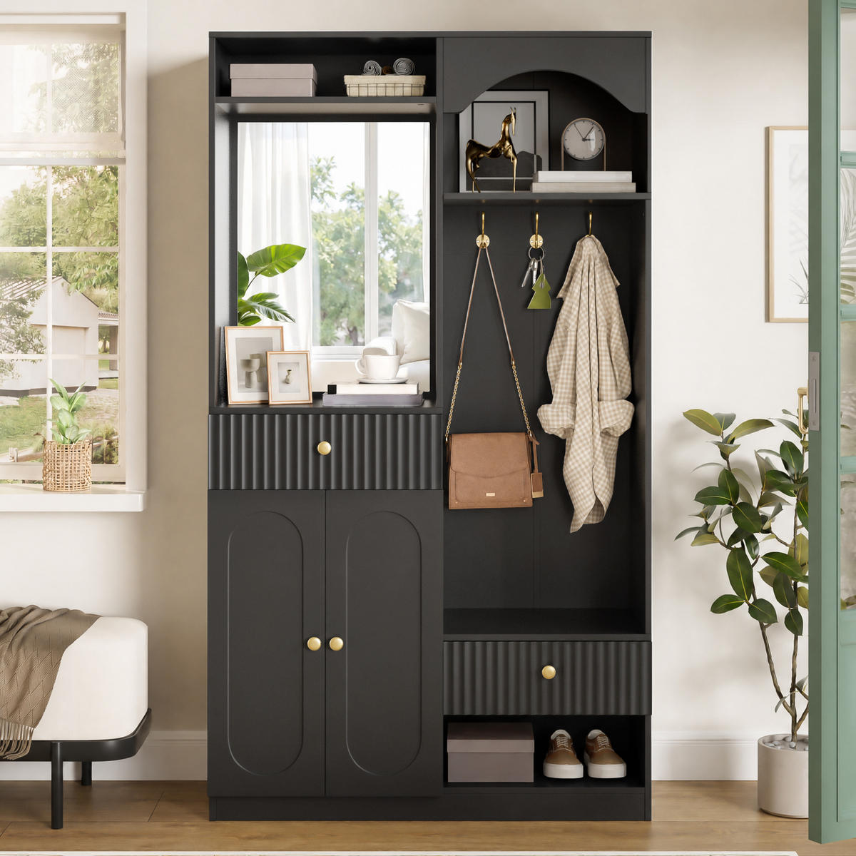 GARDEROBE-SET in Schwarz Flurmöbel Set mit Spiegel und Sitzbank für Flur, B100/T35/H180cm - Schwarz, Holzwerkstoff (100/180/35cm) - STILVORA