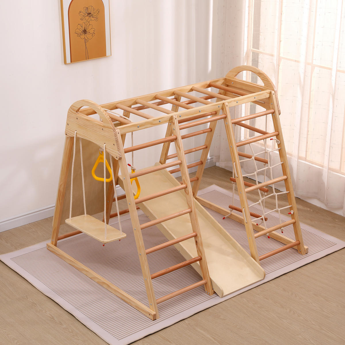 KLETTERGERÜST 7-in-1 Holz Schaukel Rutsche Kletterwand Netz modern - Naturfarben, Holz (120/134cm) - FLIEKS