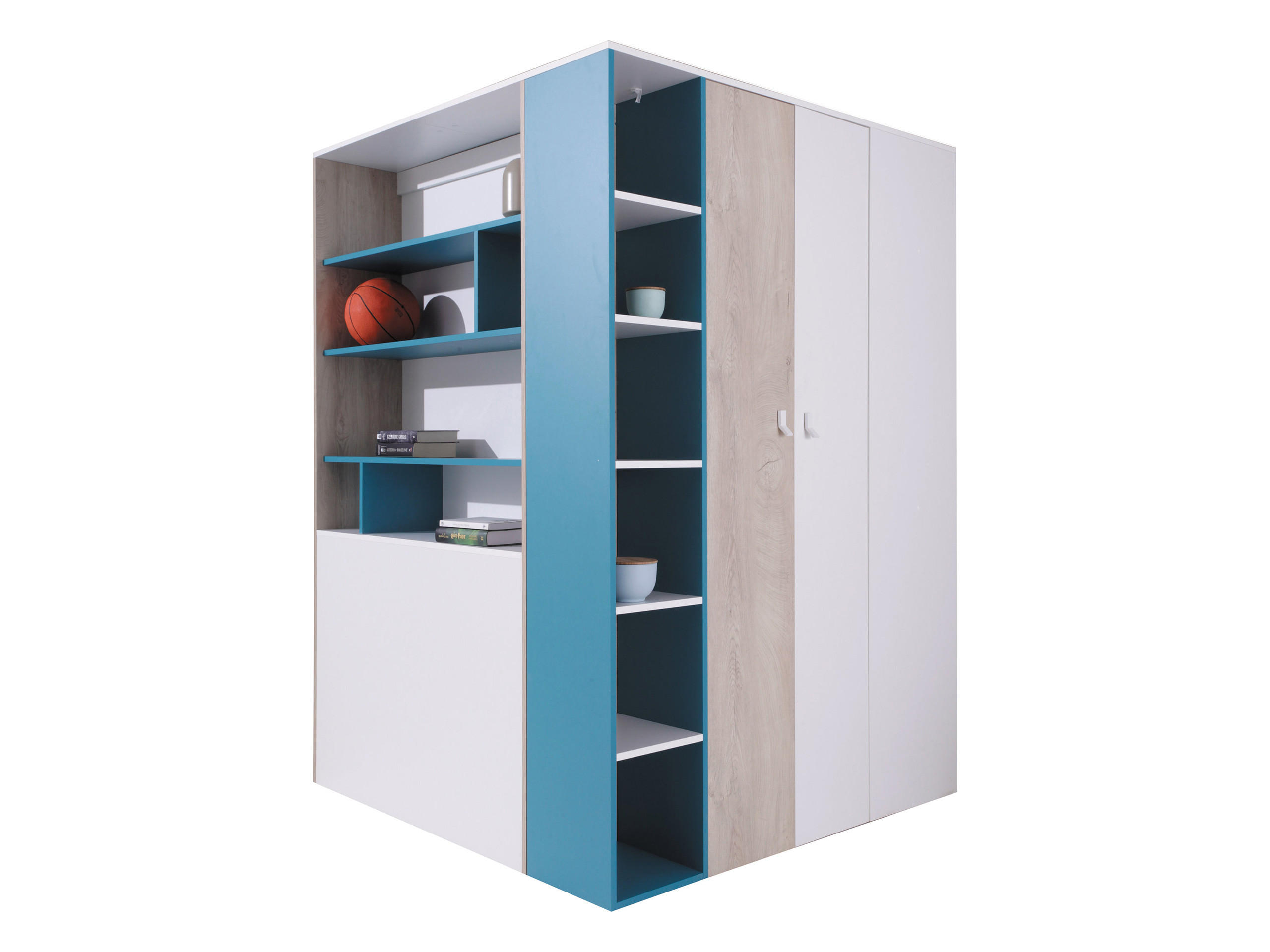 ECKKLEIDERSCHRANK Planet 01 L / P mit Beleuchtung - Blau/Eichefarben, Holzwerkstoff (135/190/135cm)