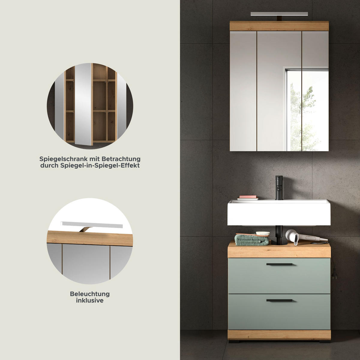 BADKOMBINATION 2tlg. Scout Bad in Artisan Eiche Nachbildung und Salbei Nachbildung B/H/T: 60x191x34 cm - Eiche Artisan, Holz (60/191/37cm)