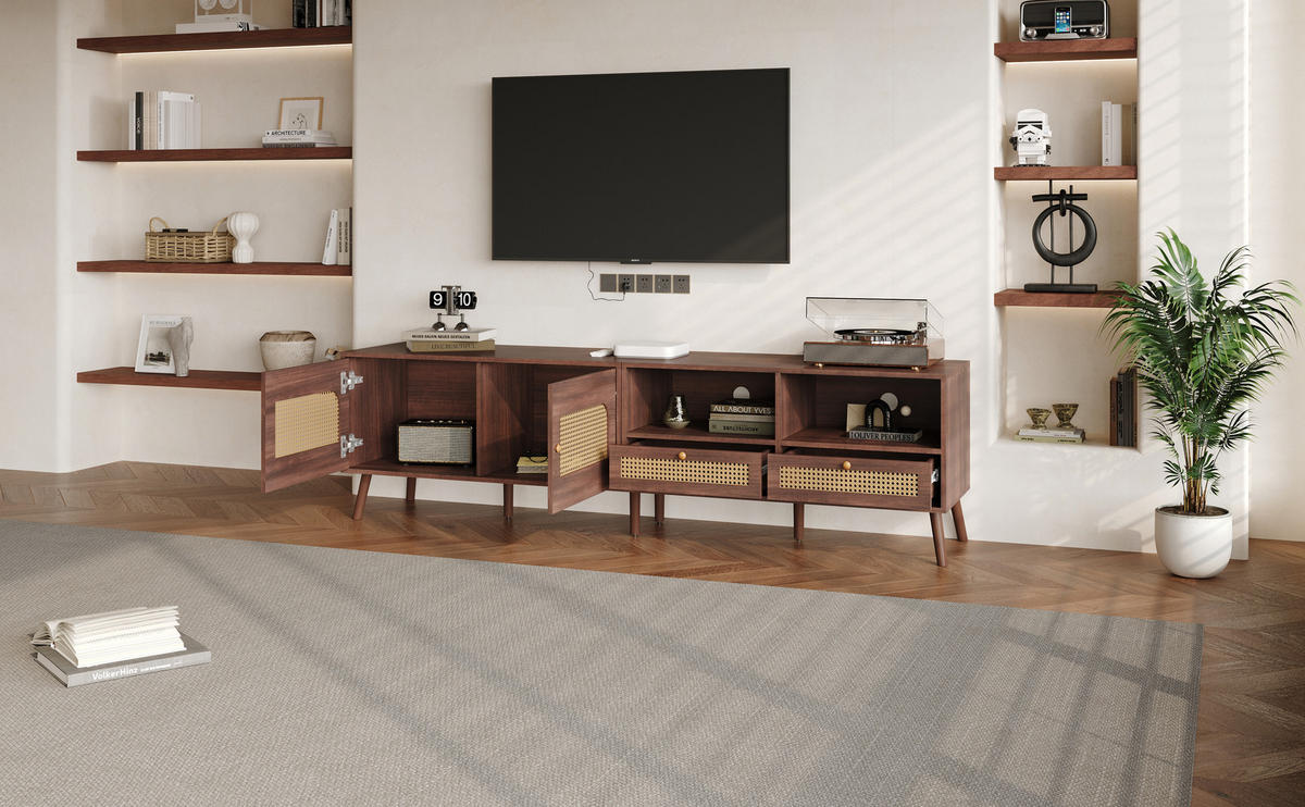 TV-LOWBOARD in Braun mit 2 Rattantüren und 2 Schubladen 200/37/49.5 cm - Braun, Holzwerkstoff (200/49.5/37cm) - Redom