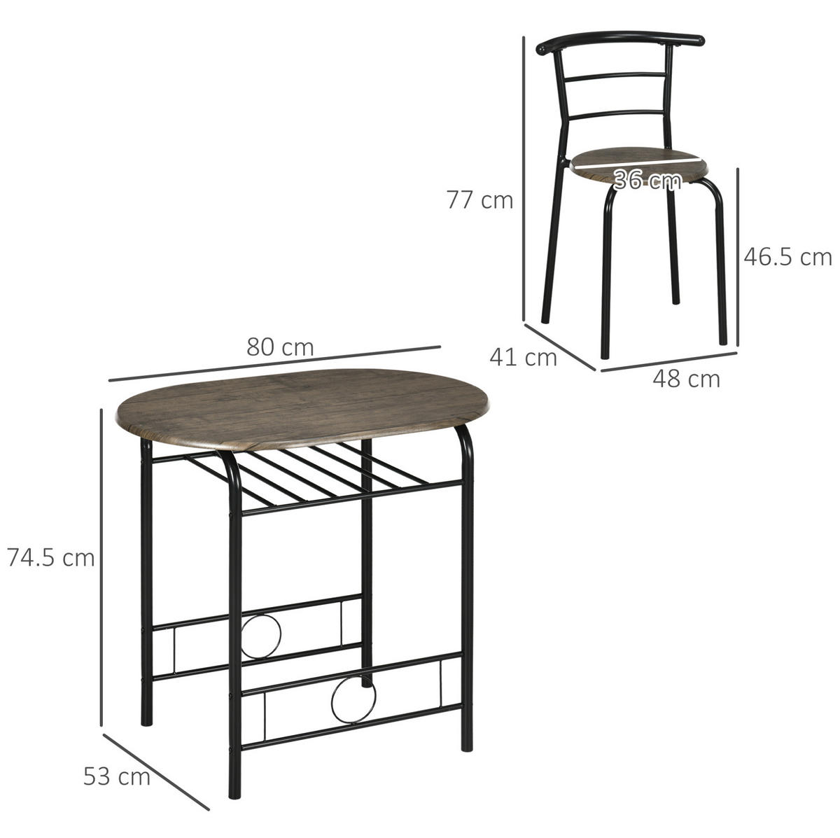 BISTRO-SET Tisch mit 2 Stühlen 80 x 53 x 74,5 cm Schwarz - Schwarz, Metall (53/74.5/80cm) - Meubliv