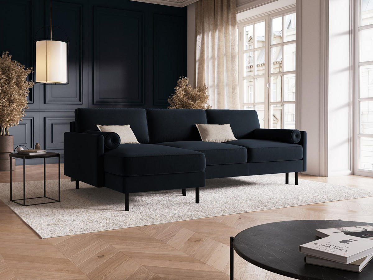 AUSKLAPPBARES-ECKSOFA links mit Container Scott aus Samt dunkelblau 5 Sitzplätze - Dunkelblau, Textil (142/212cm) - Micadoni