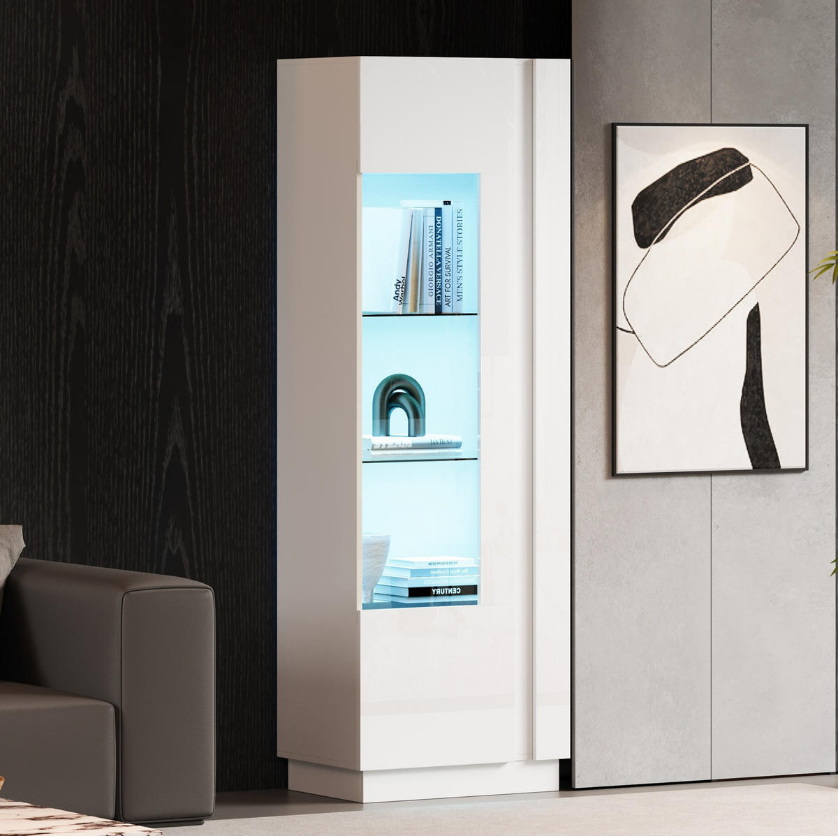 VITRINE 60/40/180 cm in Weiß mit LED-Beleuchtung und Acryltür - Weiß, Holzwerkstoff (60/180/40cm) - Flora Grace