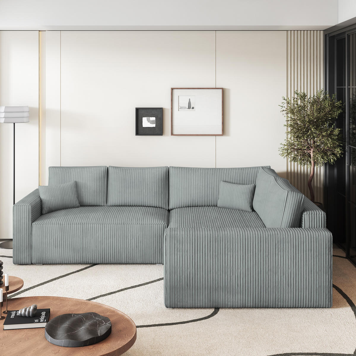 ECKSOFA ERONIS R-S Hellgrau Kordstoff mit Schlaffunktion - Hellgrau, Holz (265/194cm) - MASSENO