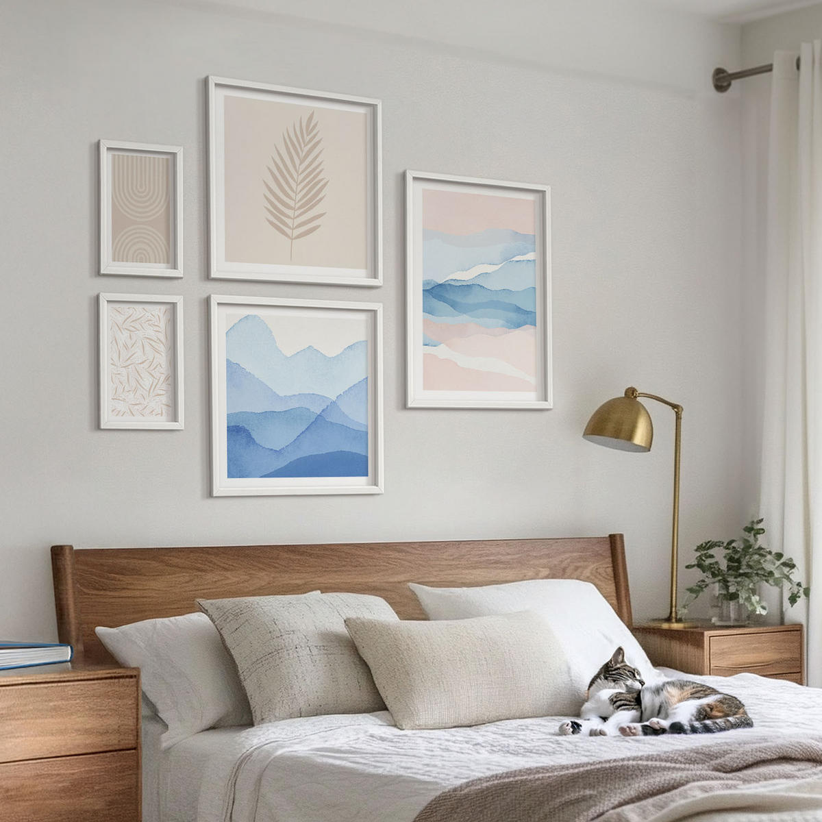 WANDBILDER 5er-Set - 50x50 cm & 20x30 cm & 40x60 cm Weißer Rahmen - Blätterwellen beige blau - Weiß, Kunststoff (40/60cm) - ArtPrintCave