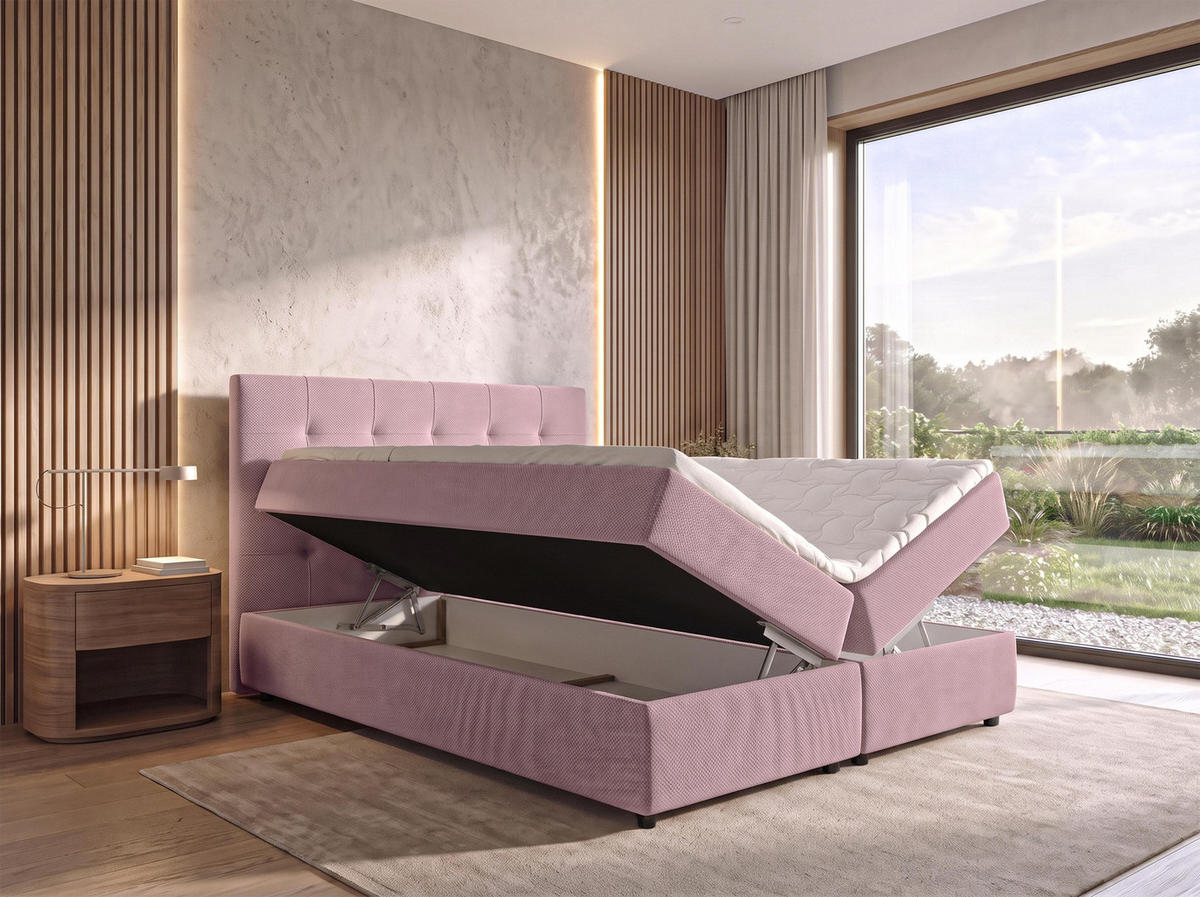 BOXBETT SAKARYA 180x200 cm mit Bettkasten und Matratze - Rosa + TOPPER - Schwarz/Rosa, Holz/Holzwerkstoff (180/200cm) - AX Living