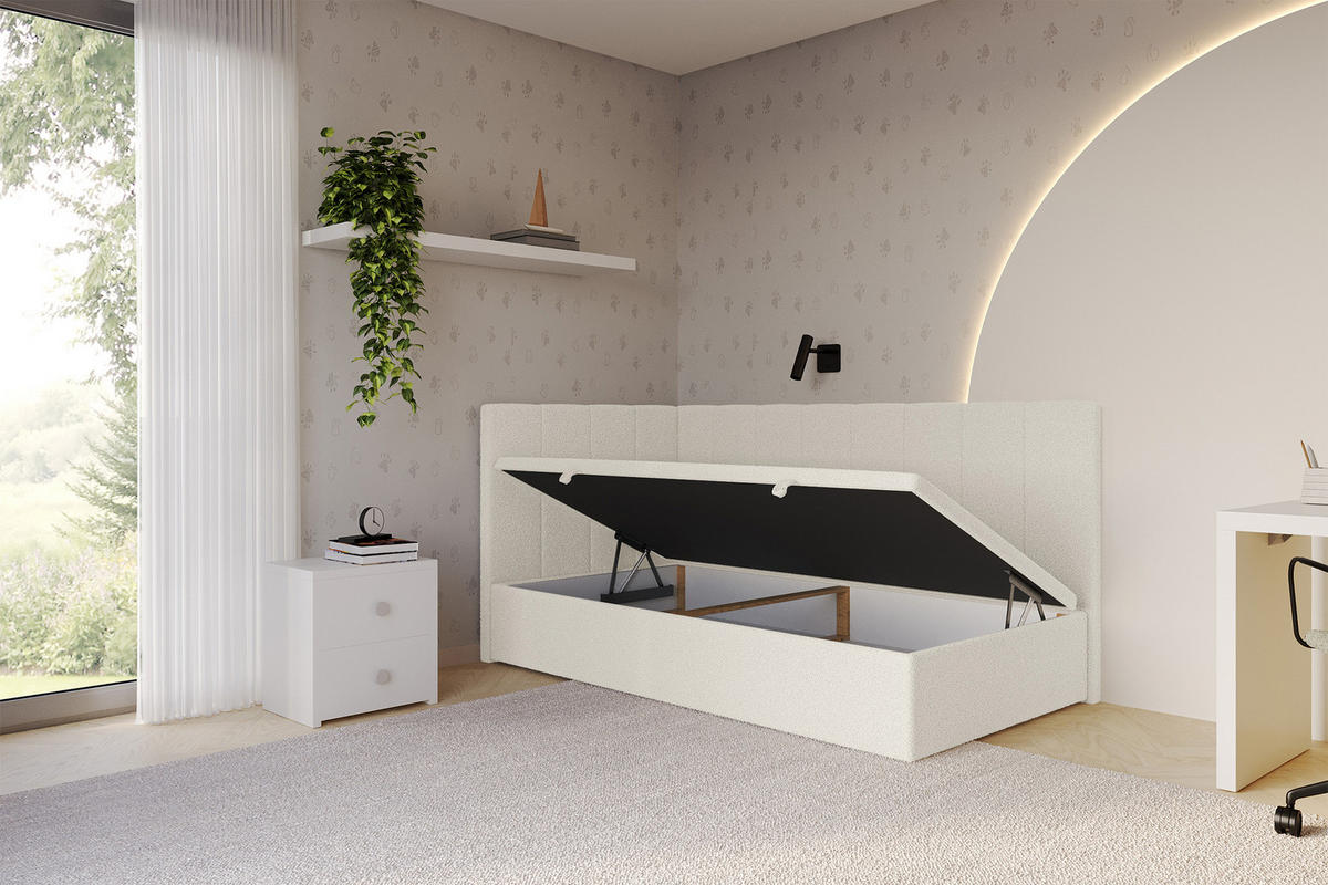 EINZELBETT Jugendbett mit Bettkasten Rechts, ohne Matratze - LOVY 90x200 Beige - Hellbraun, Holzwerkstoff/Textil (90/200cm) - ALTDECOR