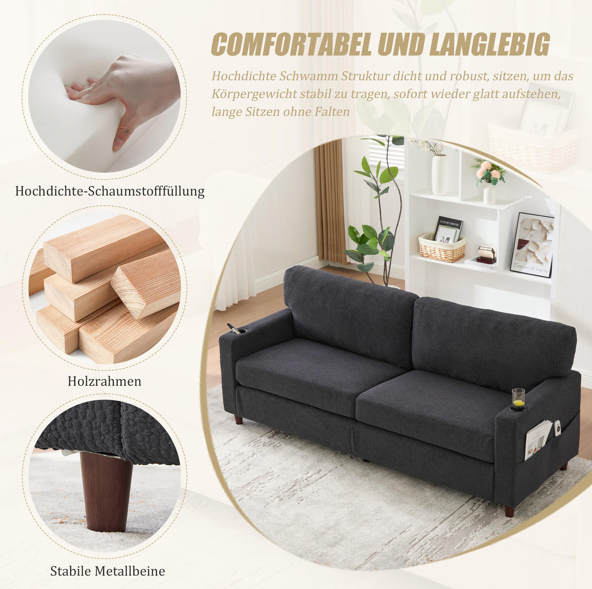 ZWEISITZER Sofa Chenille mit USB-Anschluss LED-Licht und Getränkehaltern 203/77,5/86 cm Dunkelgrau - Dunkelgrau, Textil (77.5/86/203cm) - Redom