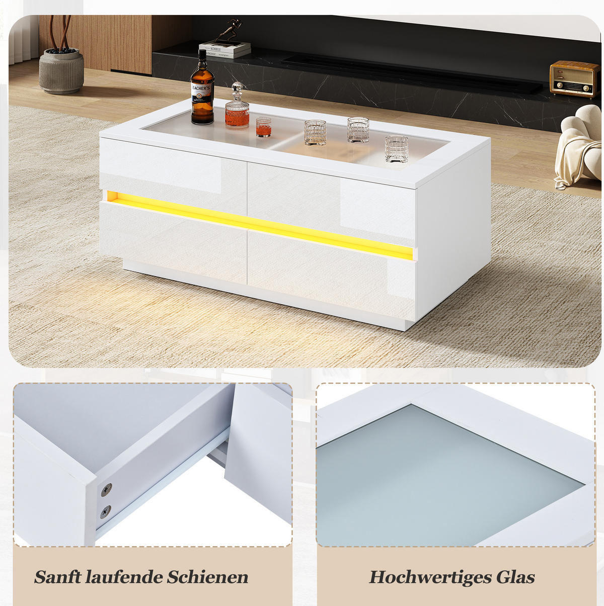 COUCHTISCH aus Spanplatte und Glas 100x50x40 cm Weiß mit 4 Schubladen und LED-Beleuchtung - Weiß, Holzwerkstoff (100/50/40cm) - IVMEU