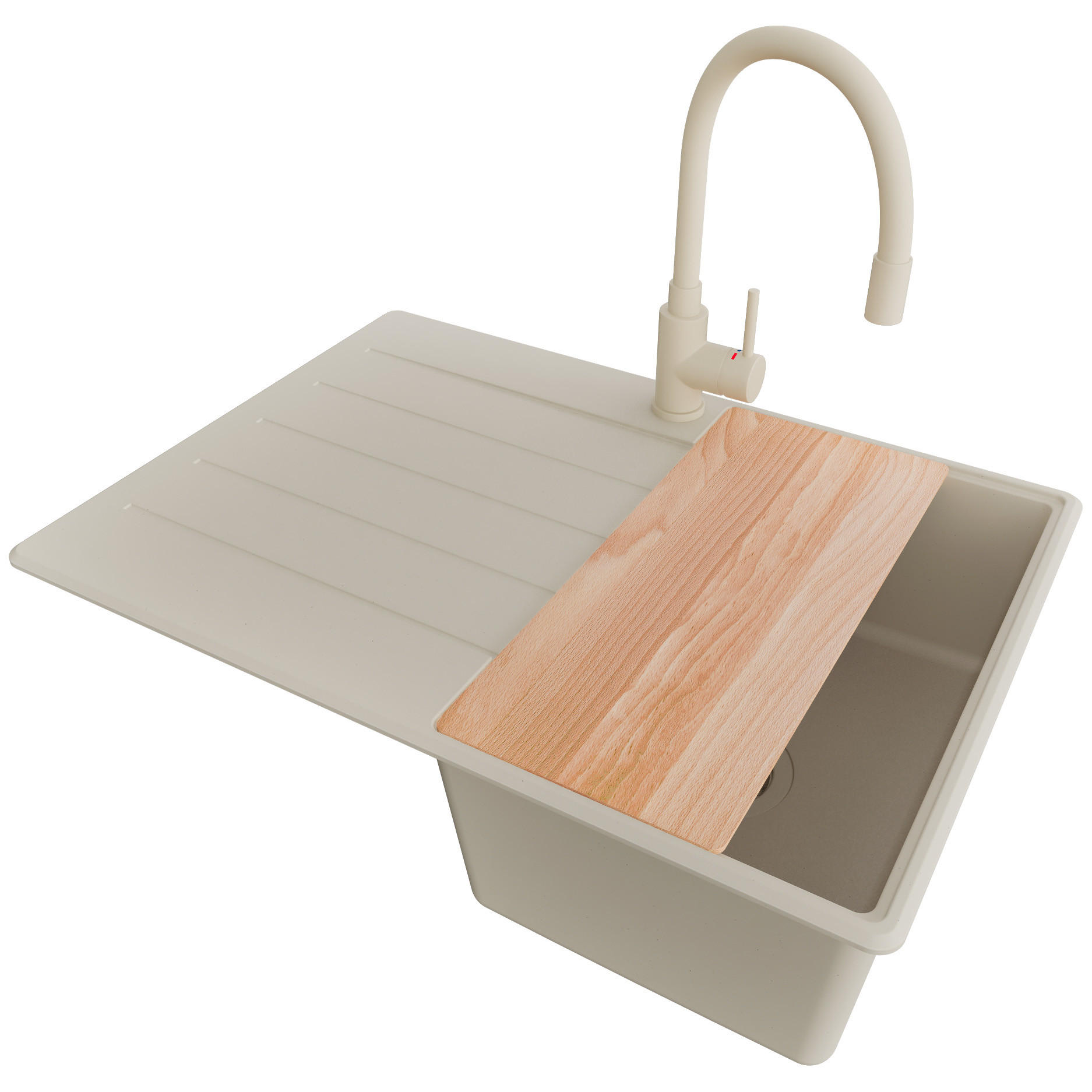 GRANITSPÜLE Kopenhagen, 2-er set Beige 70/50 cm 1 Becken + Küchenarmatur 38/14 cm + Ablauf-Set + Schneidebrett ab 40er Unterschrank - Beige, Kunststoff (70/20/50cm) - Primagran