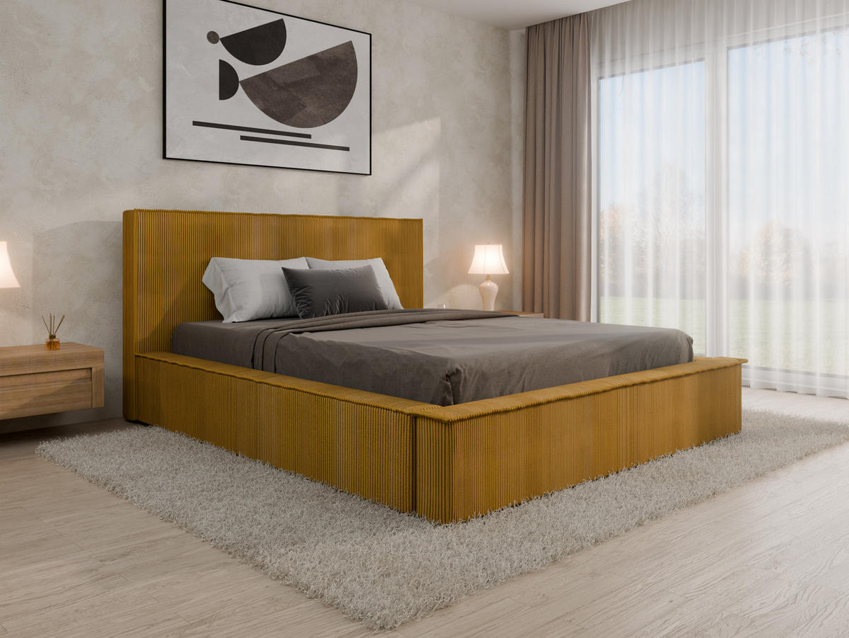 POLSTERBETT SANA 160x200cm Elegantes Polsterbett für modernen Wohnstil , Taschenfederkernmatratze mit kokos KORNOS (20cm), Currygelb - Currygelb, Holz (160/200cm) - Panda Möbel