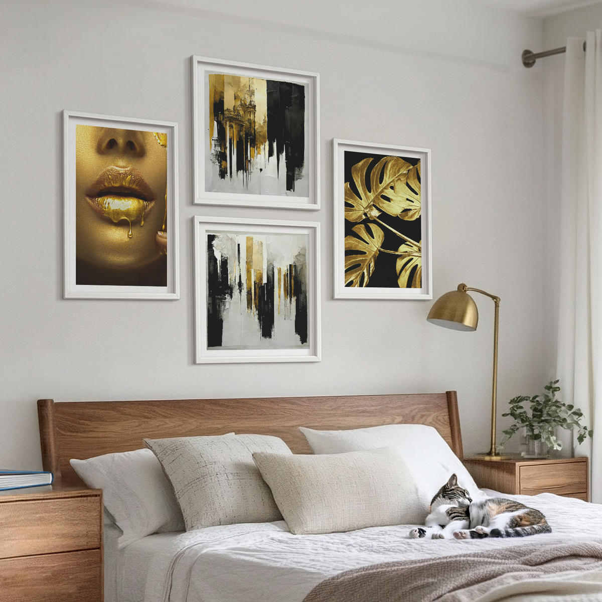 BILDER SET 4er Set - 50x50 cm & 40x60 cm Weißer Rahmen - Abstrakte Blattmalerei - Weiß, Kunststoff (50/50cm) - TULUP