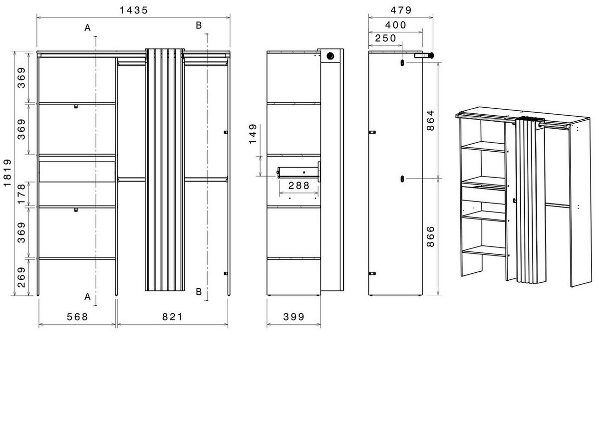 KLEIDERSCHRANK Akazie, grau, Mehrzweckschrank 143 cm mit Vorhang - Akaziefarben/Grau, Holzwerkstoff/Metall (143/182/48cm) - Parisot Meuble