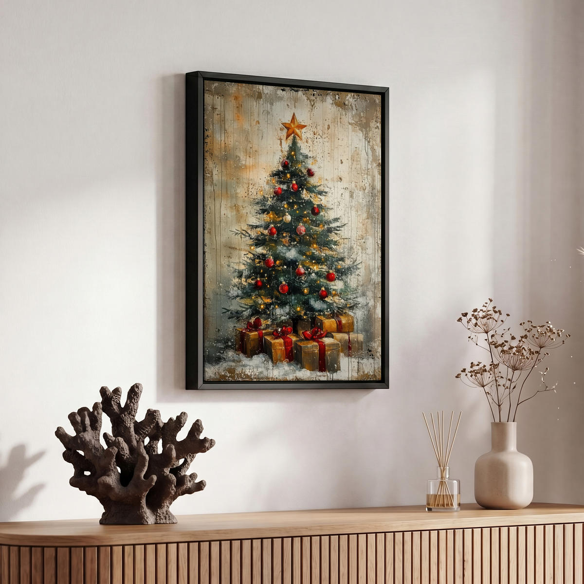 LEINWAND Bilder mit Rahmen - Weihnachtsbaum - Vintage - Weihnachten - Geschenk - 20x30 - Rostfarben, Textil (20/30cm) - MuchoWow