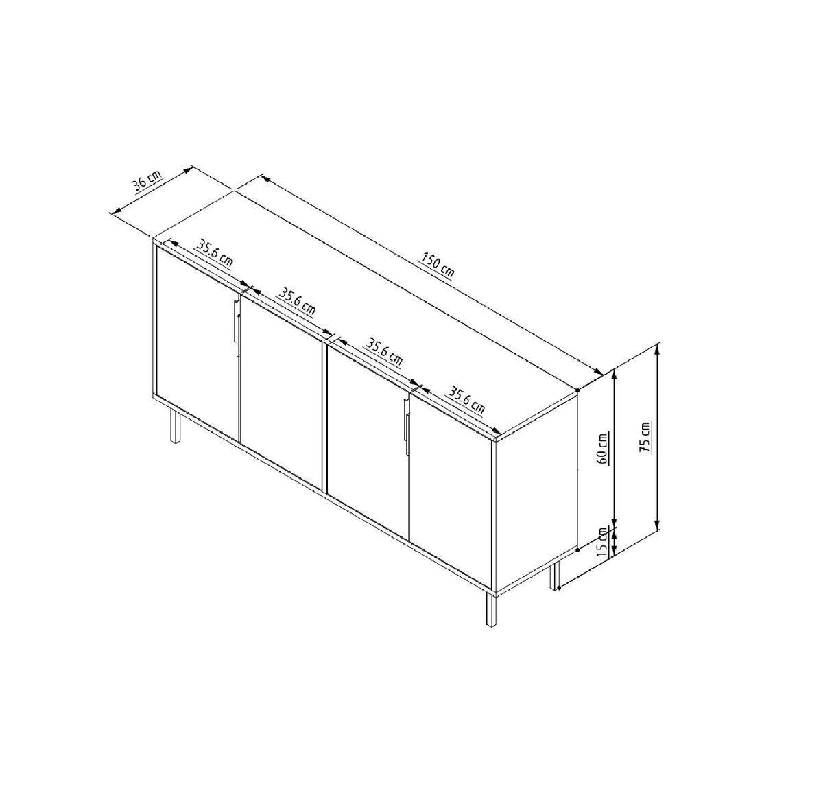 SIDEBOARD mit 4 Türen, gestreift dekoriert 36/150/75 cm - Weiß, Holzwerkstoff (36/75/150cm) - Calicosy