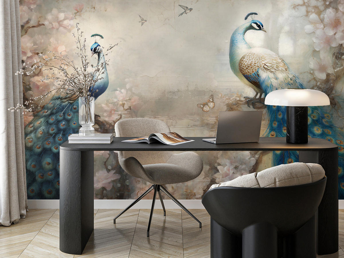 FOTOTAPETE Abstrakte Pfauen Blumen Beton Vintage 250x175 - Blau/Beige, Papier (250/175cm) - Muralo