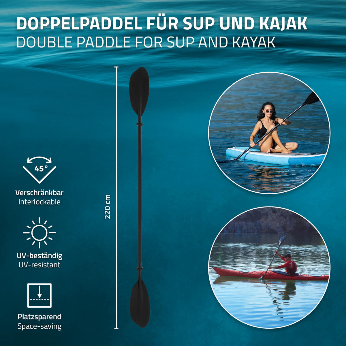 DOPPELPADDEL für SUP und Kajak - Schwarz, Metall (220/17/4cm) - ECD-Germany