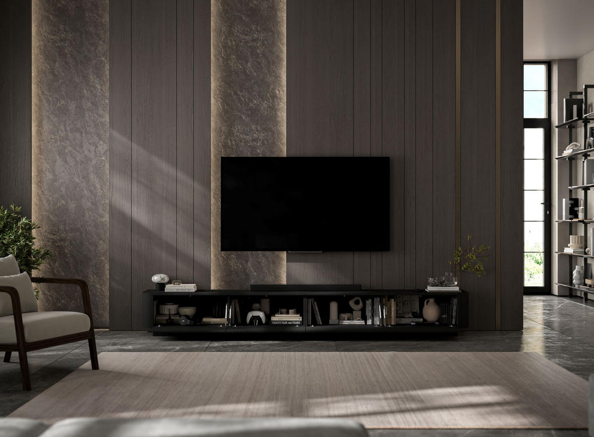 TV skrinka Aurora, set 2 kusov so soklom, matná čierna, 280 cm - čierna, kompozitné drevo (280/37/35cm) - Meble Lindner