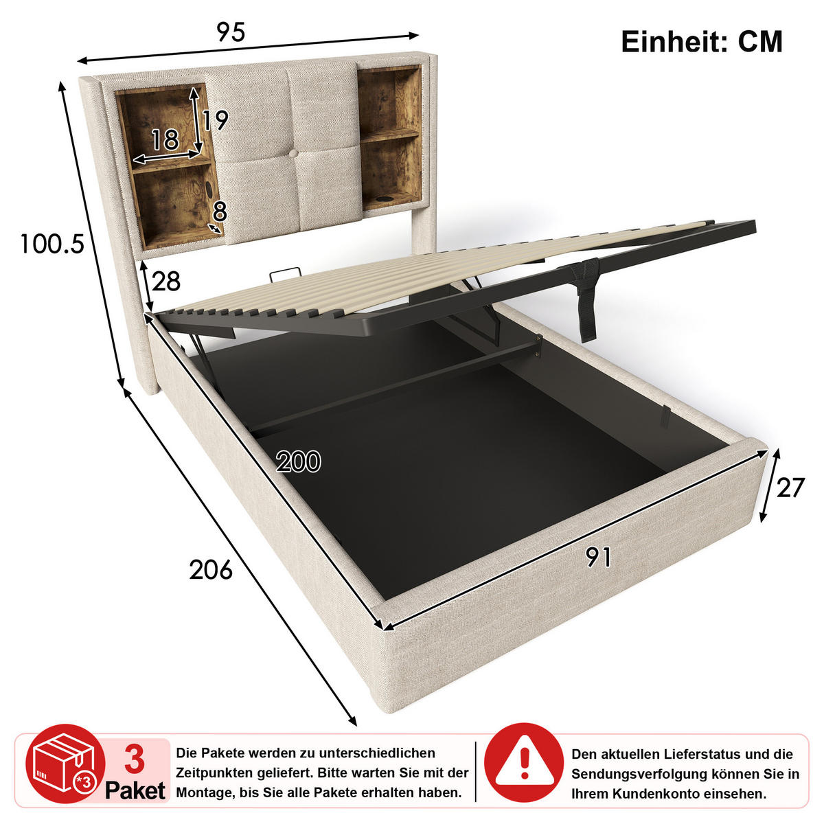 ČALOUNĚNÁ POSTEL 90 × 200 cm v přírodním lnu s úložným prostorem, bezdrátovým nabíjením, USB a USB-C - přírodní, kov/kompozitní dřevo (90/200cm) - WISHDOR
