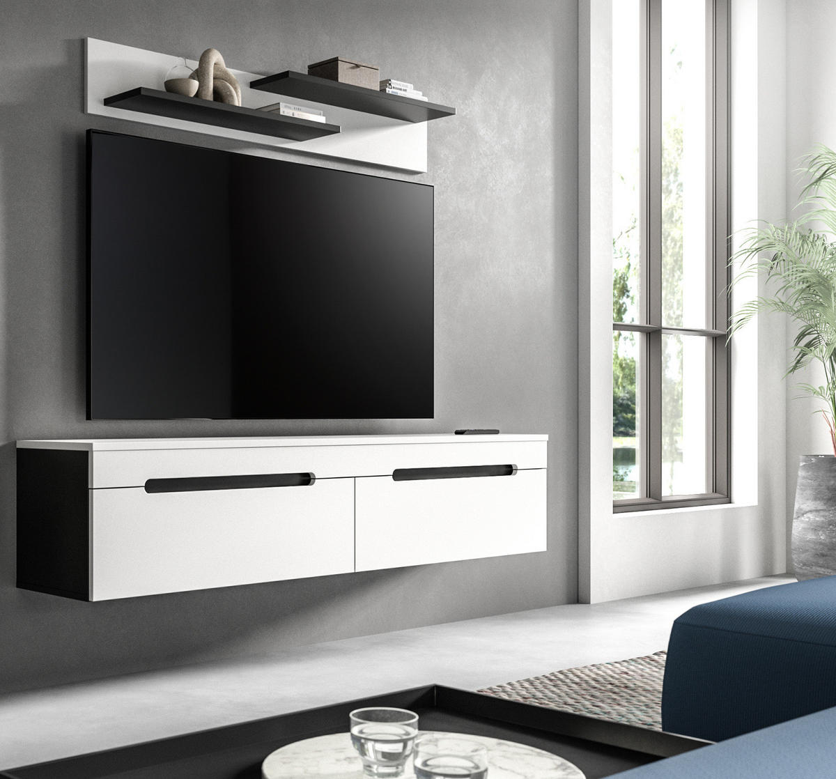 WOHNWAND weiß, grau mit TV-Lowboard hängend / stehend und Wandboard 170 cm, Cooper - Schwarz/Weiß, Holzwerkstoff/Kunststoff (170/180/33cm) - Inn.Furn