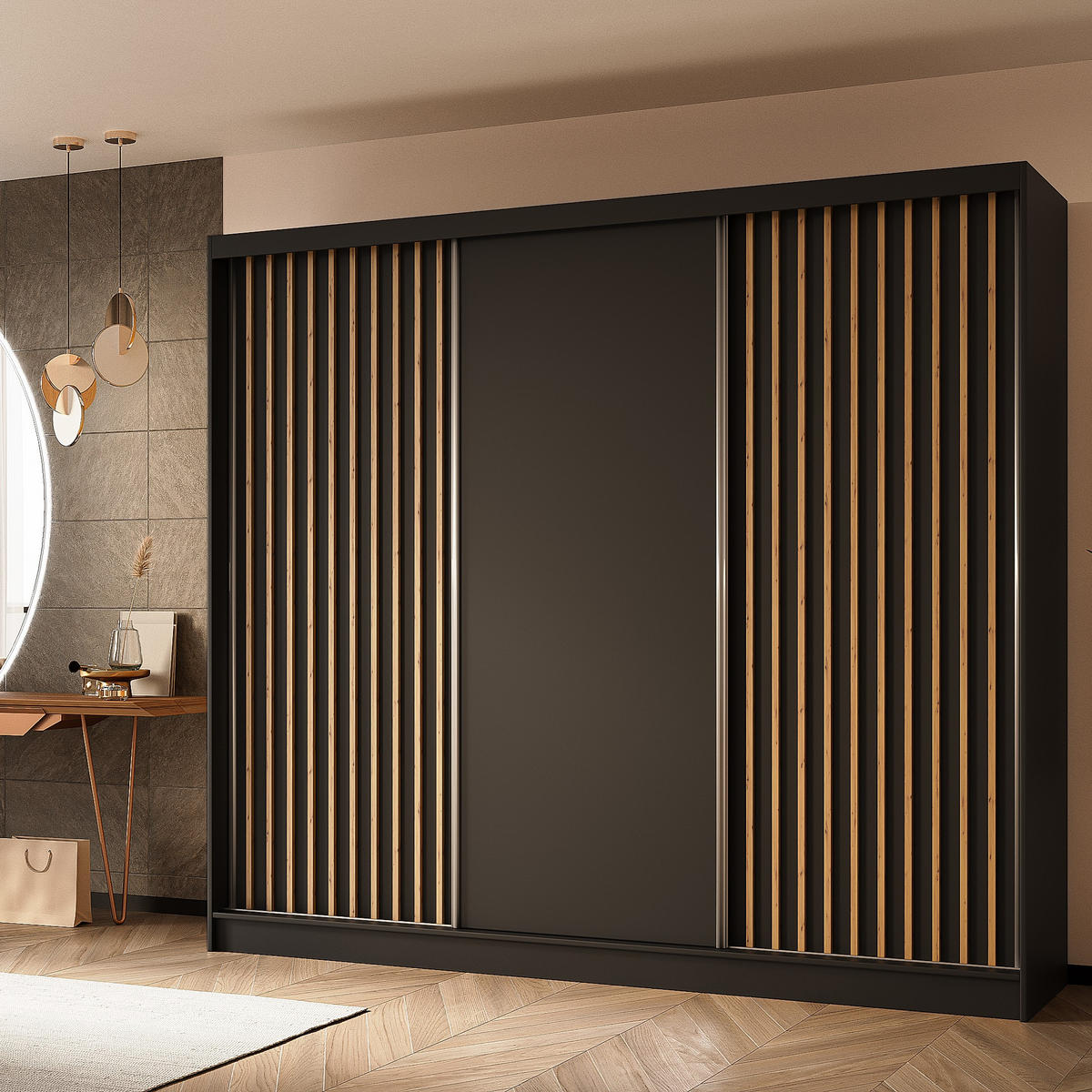 SCHWEBETÜRENSCHRANK LAMELLO 240/216/61 cm 3-türig Schwarz - Schwarz, Holzwerkstoff (240/216/61cm) - MASSENO