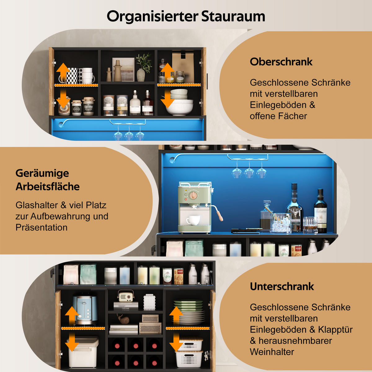 KÜCHENSCHRANK Vorratsschrank mit RGB-LED Steckdosen Glas-Klapptür & Weinregal 180cm - Naturfarben, Holzwerkstoff (105/180/40cm) - Urban Meuble