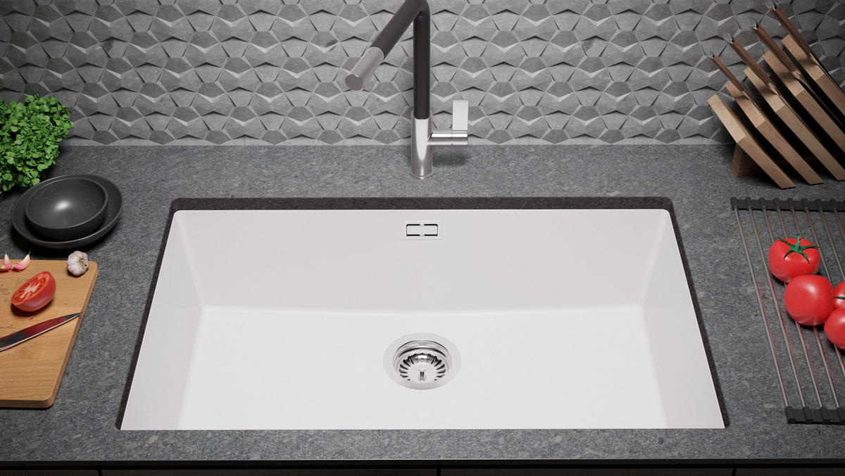 UNTERBAUSPÜLE GRANIT London, 2-er set Weiß 76/47 cm 1 Becken + Küchenarmatur 32/20 cm + Ablauf-Set ab 80er Unterschrank - Chromfarben/Weiß, Kunststoff (76/20/47cm) - Primagran