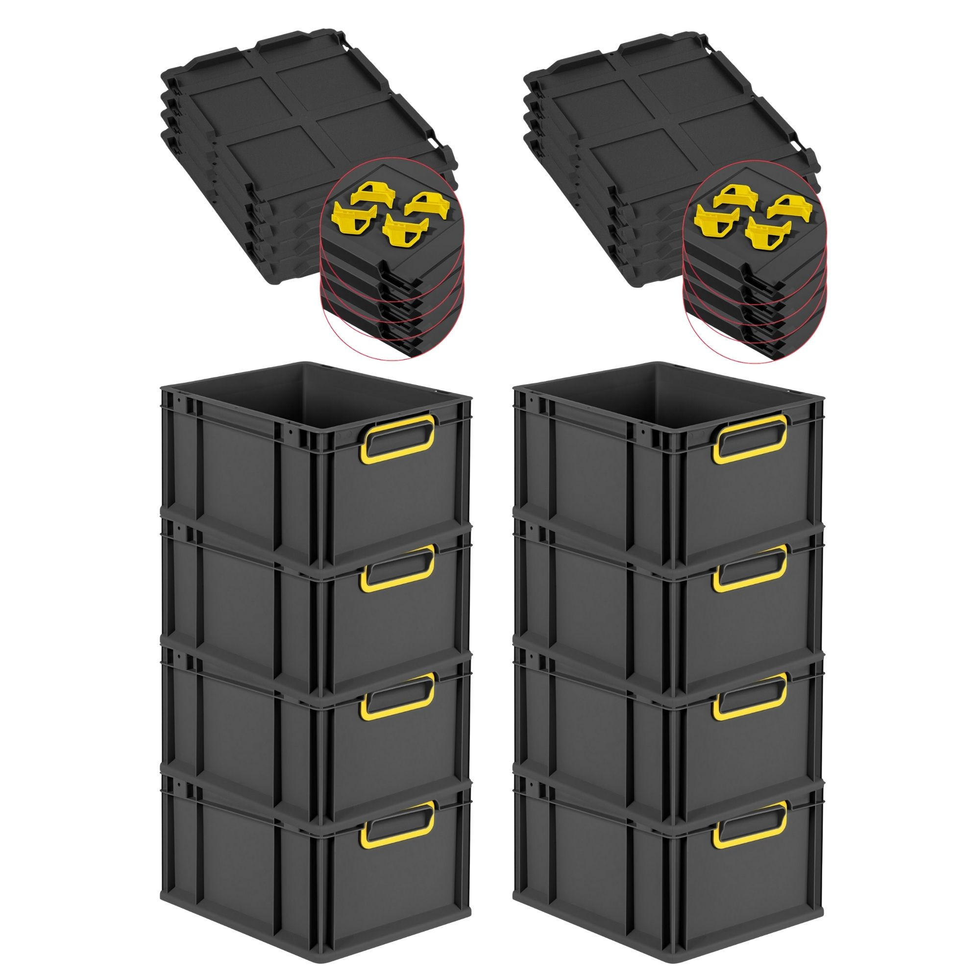 EUROBOX 8x NextGen Color mit Auflagedeckel 22x30x40 cm 20 Liter Schwarz Griffe gelb zu - Gelb/Schwarz, Kunststoff (30/22/40cm) - PROREGAL