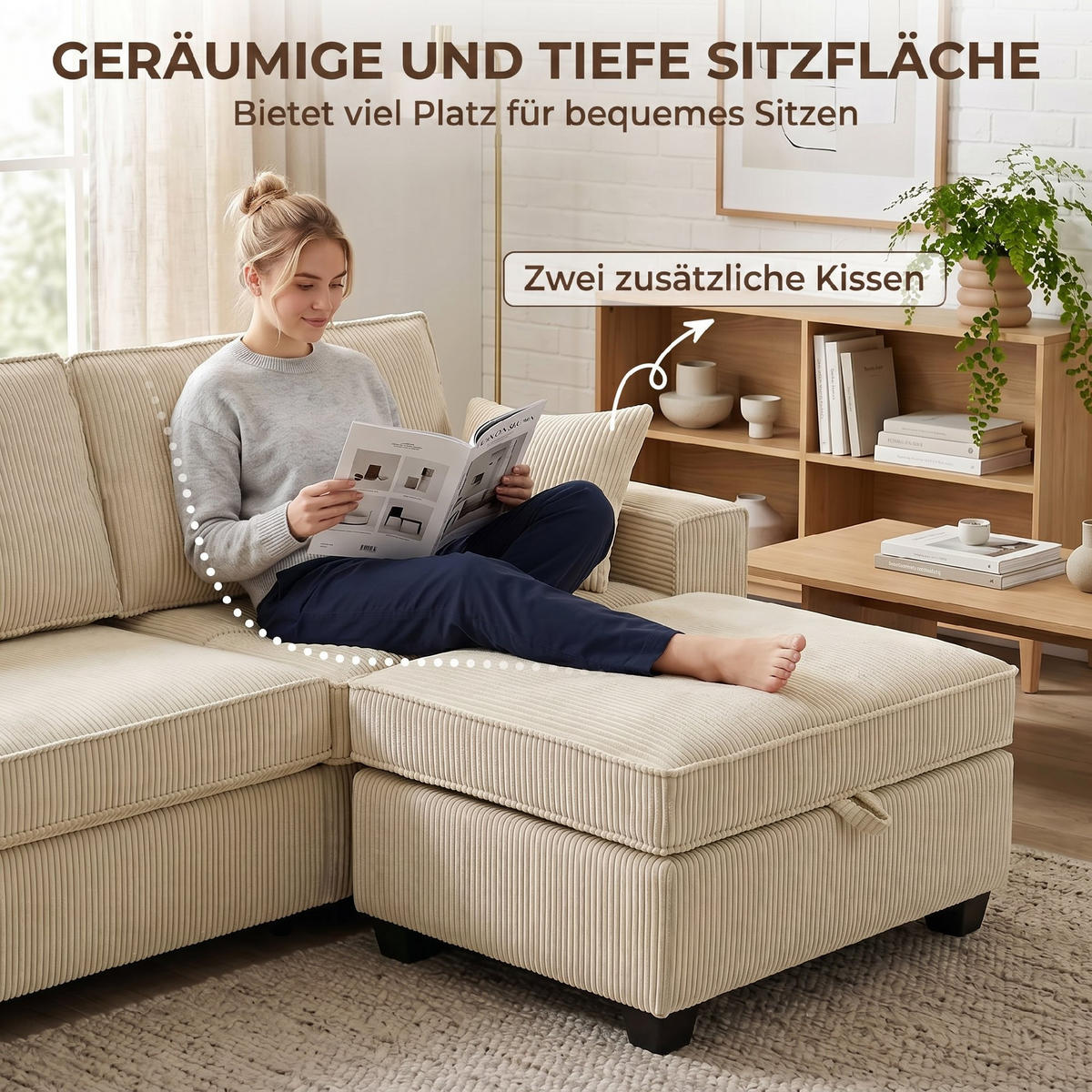 ECKSOFA Cord (100 % Polyester) Beige - Beige, Holzwerkstoff/Kunststoff (151/216cm) - HOMCOM