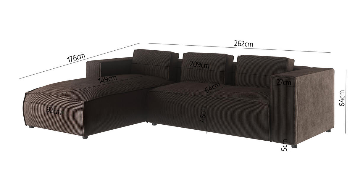 ECKSOFA Nova Dunkelbraun Cord - Dunkelbraun/Schwarz, Holz/Kunststoff (262/176cm) - S-Style Möbel